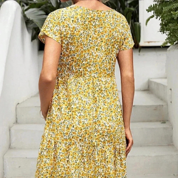 Yerllow Boho Womens Floral Print Ruffle Hem Dress - Picture 2 of 5